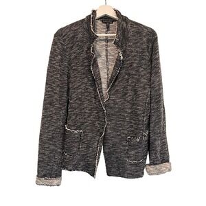 EILEEN FISHER Tweed Knit Collarless Open Front Jacket Women's L G Black White